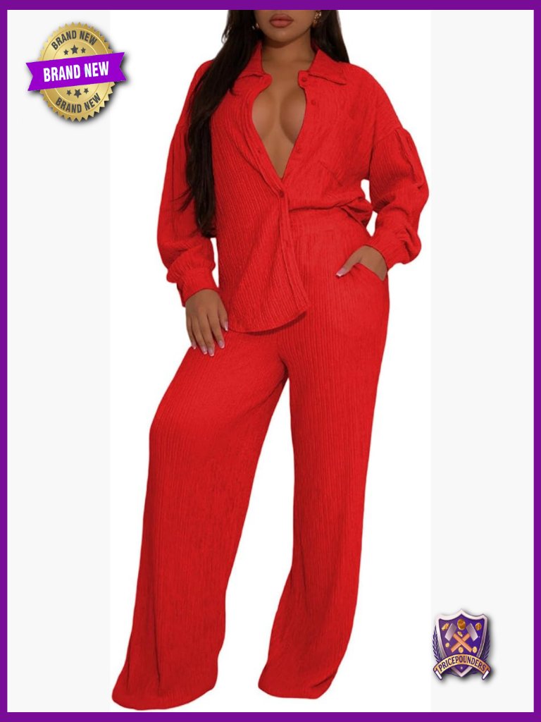 Women's 2 Piece Pleated Lounge Set - Button Down Shirt & Wide Leg Pants